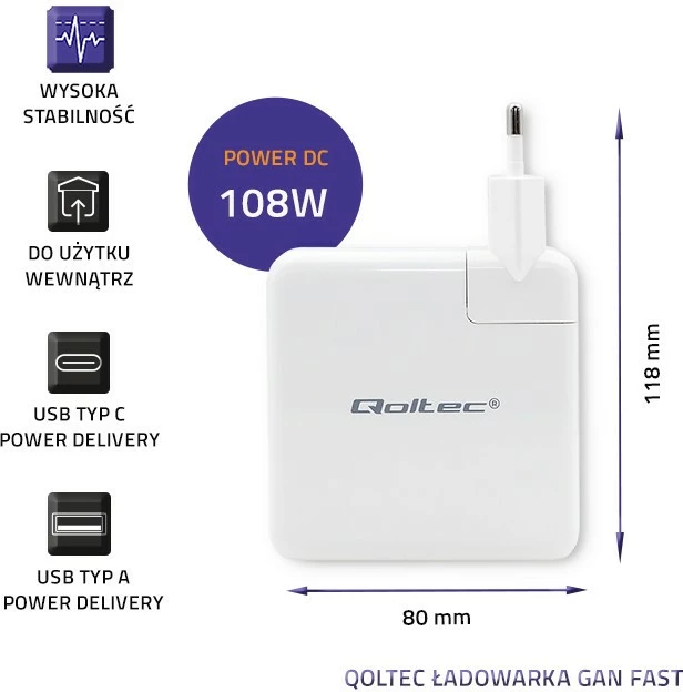 Karikues murit Qoltec GaN FAST 108W, 2 dalje USB/USB-C, i bardhë