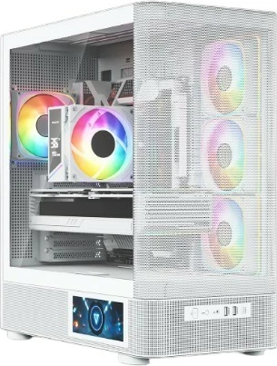 Kasë MODECOM Volcano AQ400 ARGB, Midi Tower, ATX/Micro ATX/ITX, 4x120mm ARGB, USB-C, LCD, e bardhë