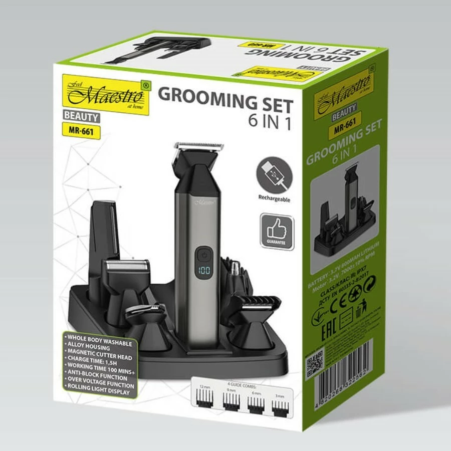 Set trimmer 6-në-1 Feel-Maestro MR-661, bateri 100 min, karikim USB-C, tehe çelik inoksi, wet & dry, e zezë/gri