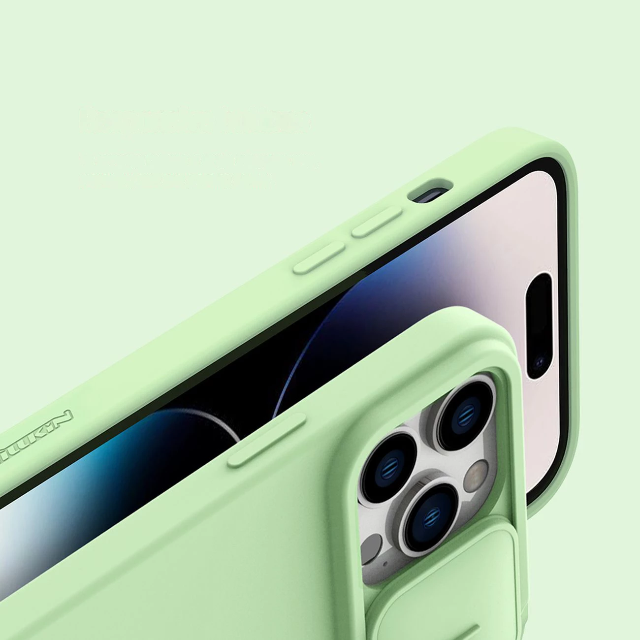 Mbështjellës Nillkin CamShield Silky Silicone për iPhone 14 Pro Max, MagSafe, kapak kamere, Kaltër