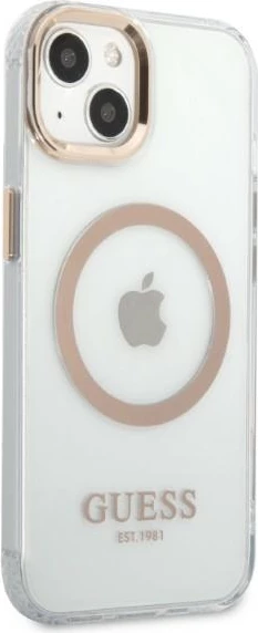 Mbështjellës Guess GUHMP13MHTRMD për iPhone 13 6.1", Metal Outline Magsafe, Ari/Transparent