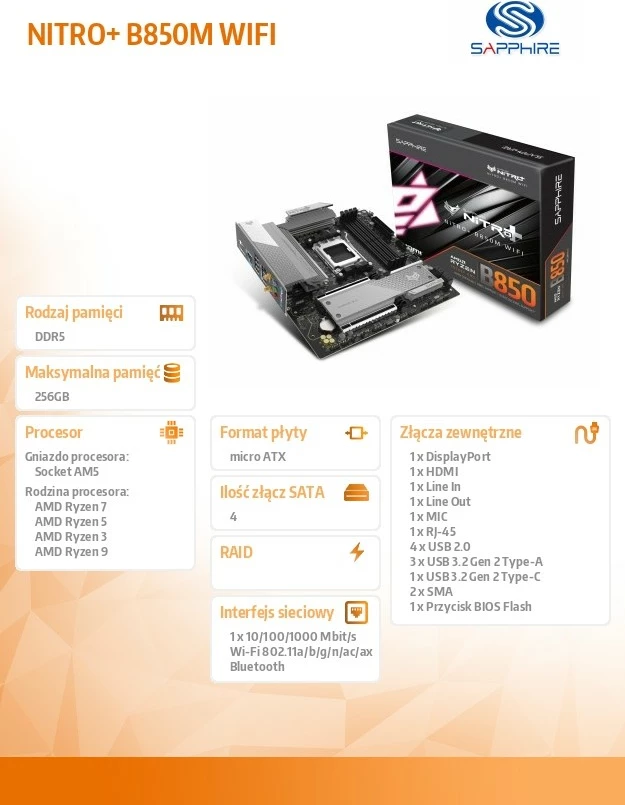 Pllakë amë, Sapphire NITRO+ B850M WIFI, AMD B850 AM5, mATX 244x244 mm, 4x DDR5 deri 256GB 8000 MHz, PCIe 5.0 x16 dhe M.2, Wi-Fi 6 dhe Bluetooth 5.3