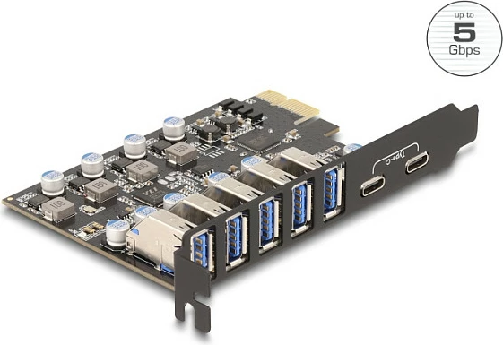 Kartë zgjerimi PCIe DeLOCK 90346, 7x USB 3.2 Gen 1 (5x Type-A, 2x Type-C), 5 Gbit/s, e zezë