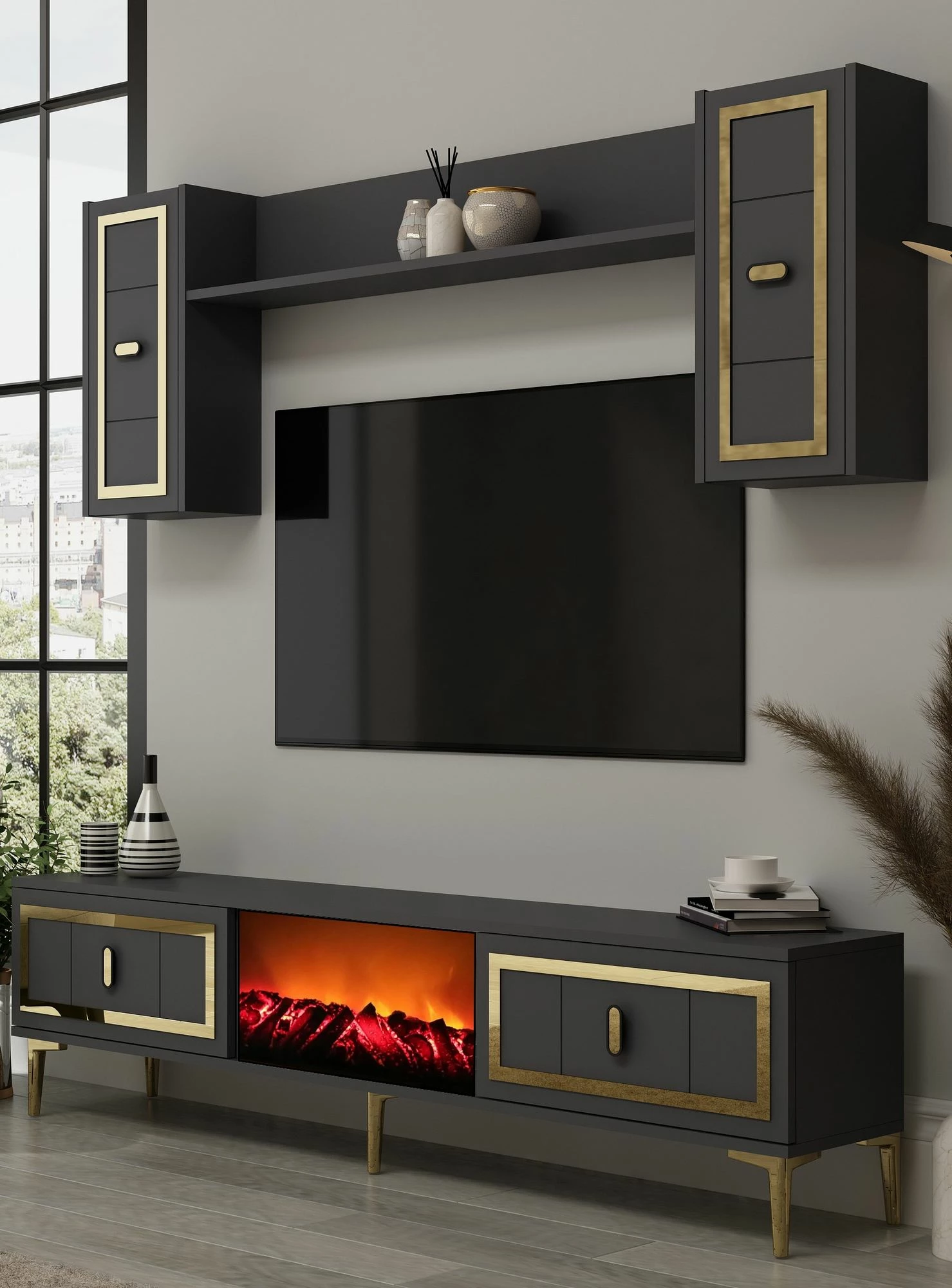 Komodë TV Skye Decor, me oxhak Orion, anthracite, ari