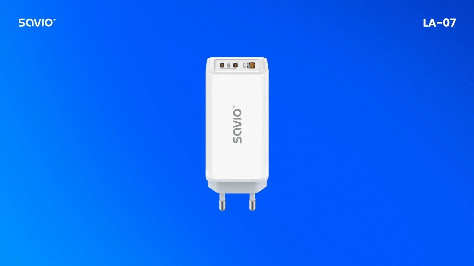 Mbushës muri Savio LA-07, 65W, GaN, 2x USB-C, 1x USB-A, i bardhë