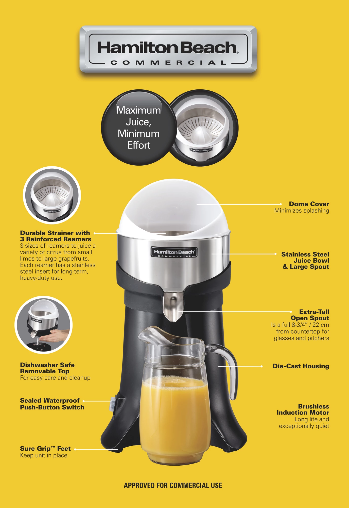 Shtrydhës agrumesh elektrik, Hamilton Beach Commercial, FreshMark, kapacitet i lartë, tas çelik inoks, 260x254x(H)470 mm, zi/argjendtë