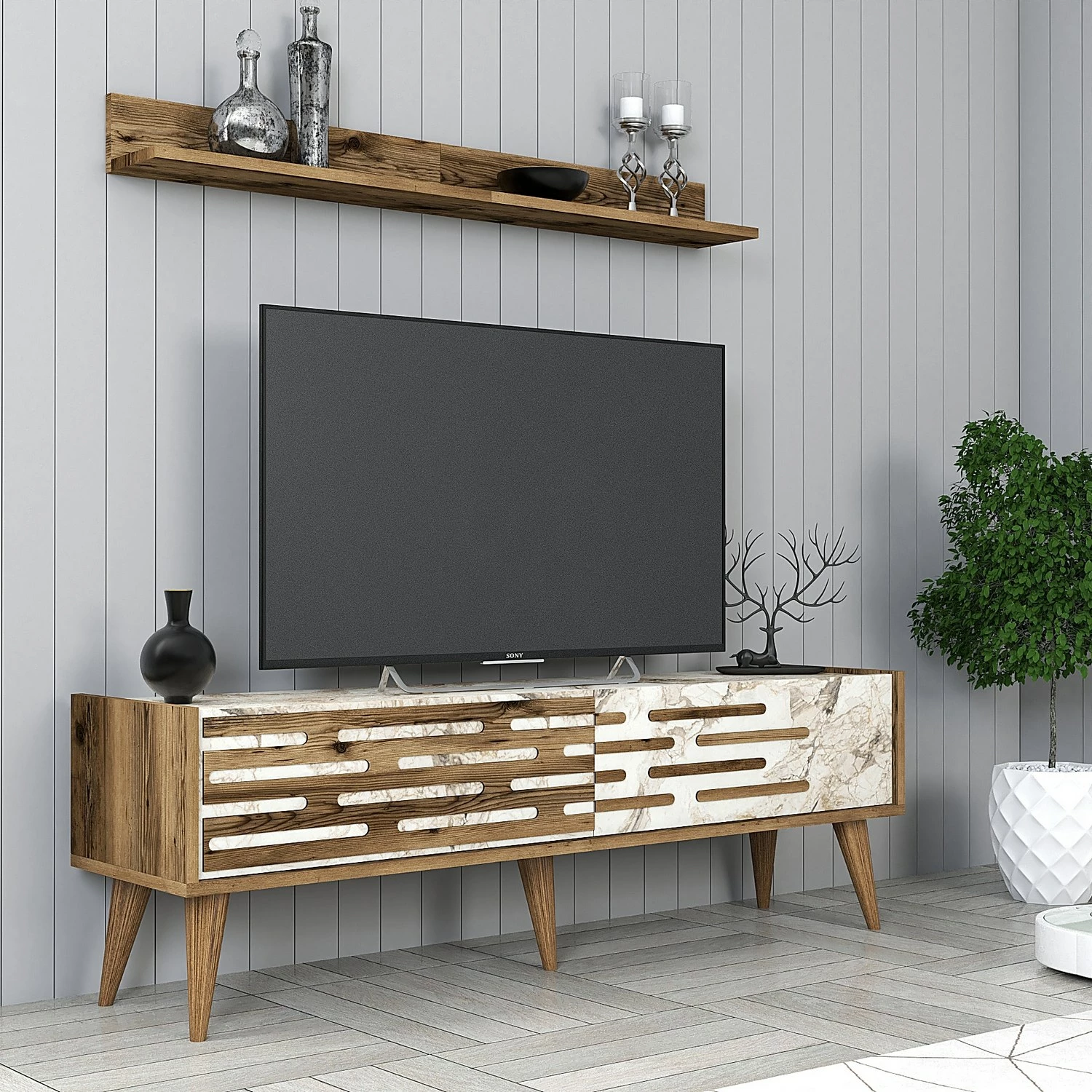 Komodë TV Hanah Home, Valensiya 140, ngjyrë arre, e bardhë, mermer