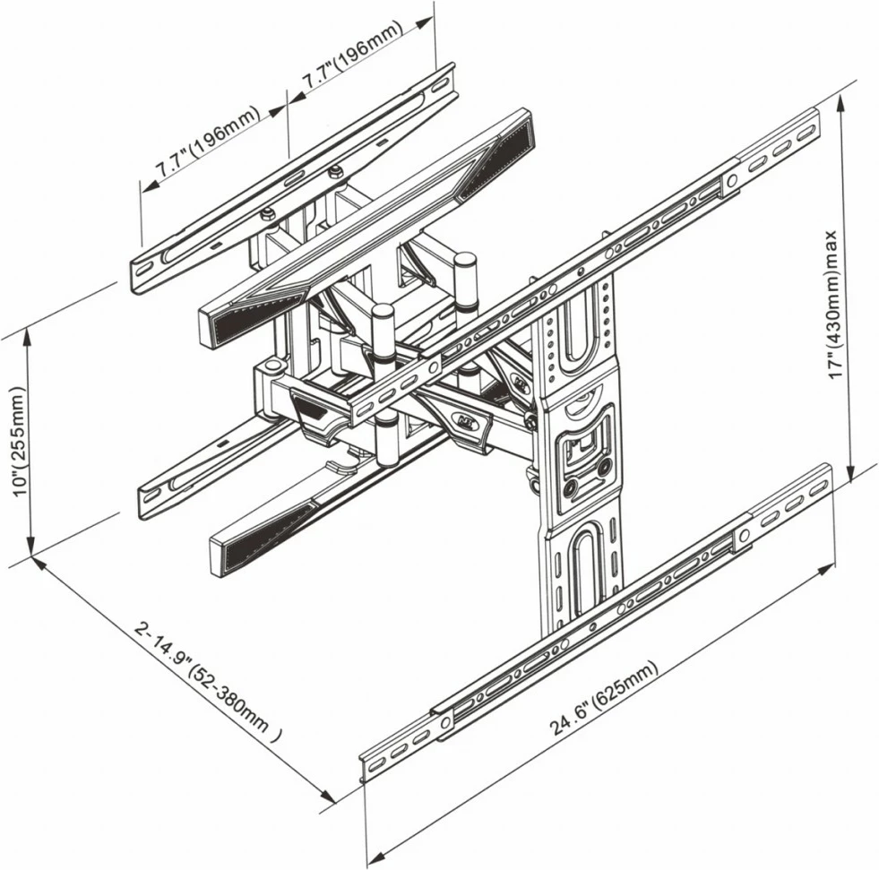Mbajtëse muri TV, ART, AR-99, 40-75", VESA maks 600x400, rrotullim 160°, distancë 52-380 mm, 45 kg, e zezë