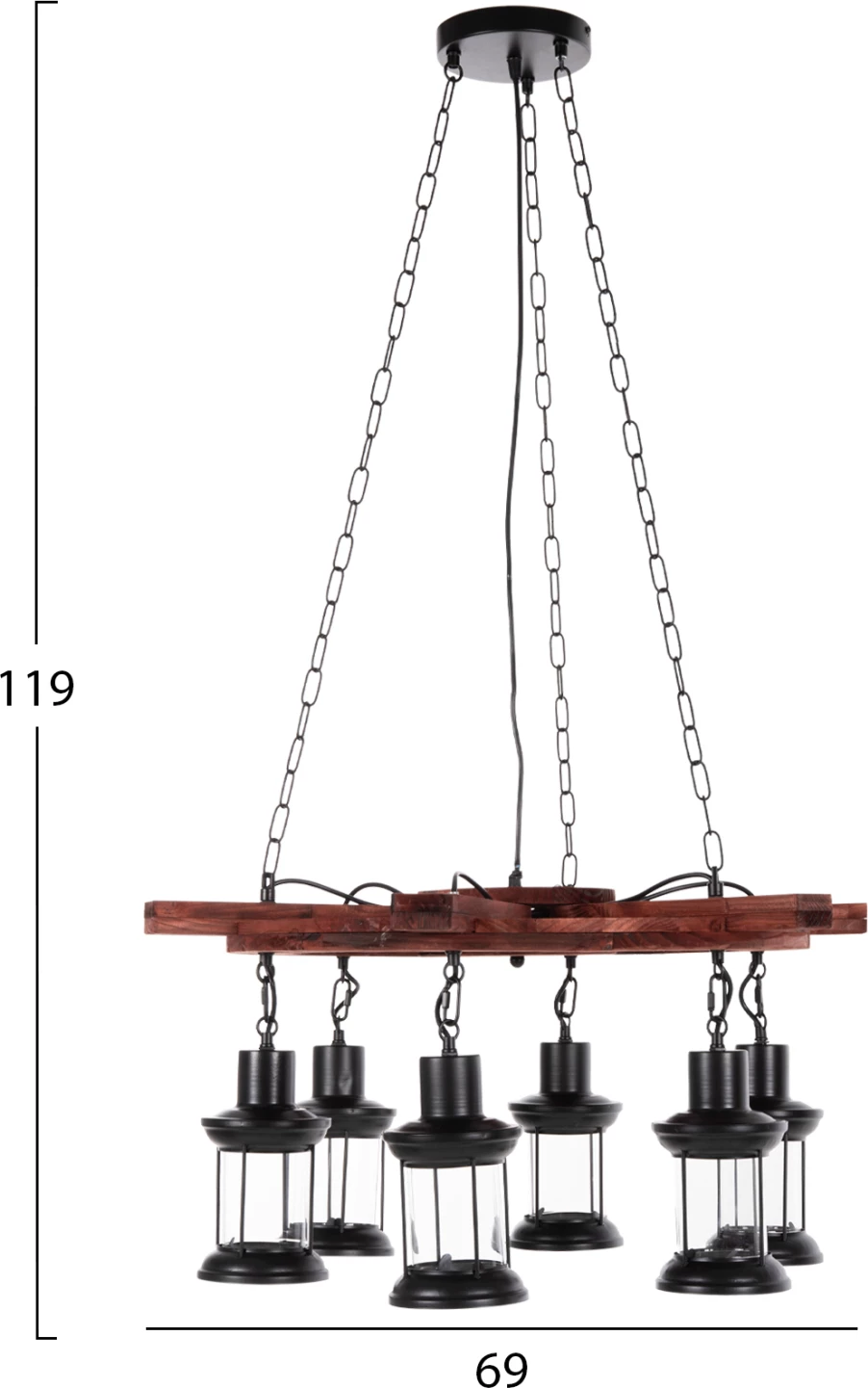 Llambë varëse tavani 6-dritash, FH4116, dru-metal-xham, 119H cm