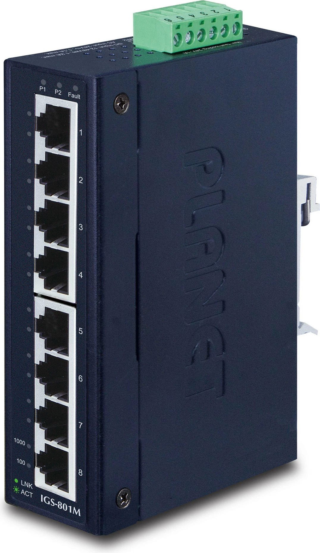 Switch i menaxhueshëm Planet IGS-801M, 8x Gigabit Ethernet, industrial IP30, DIN-rail/Rack/Mur, blu e errët