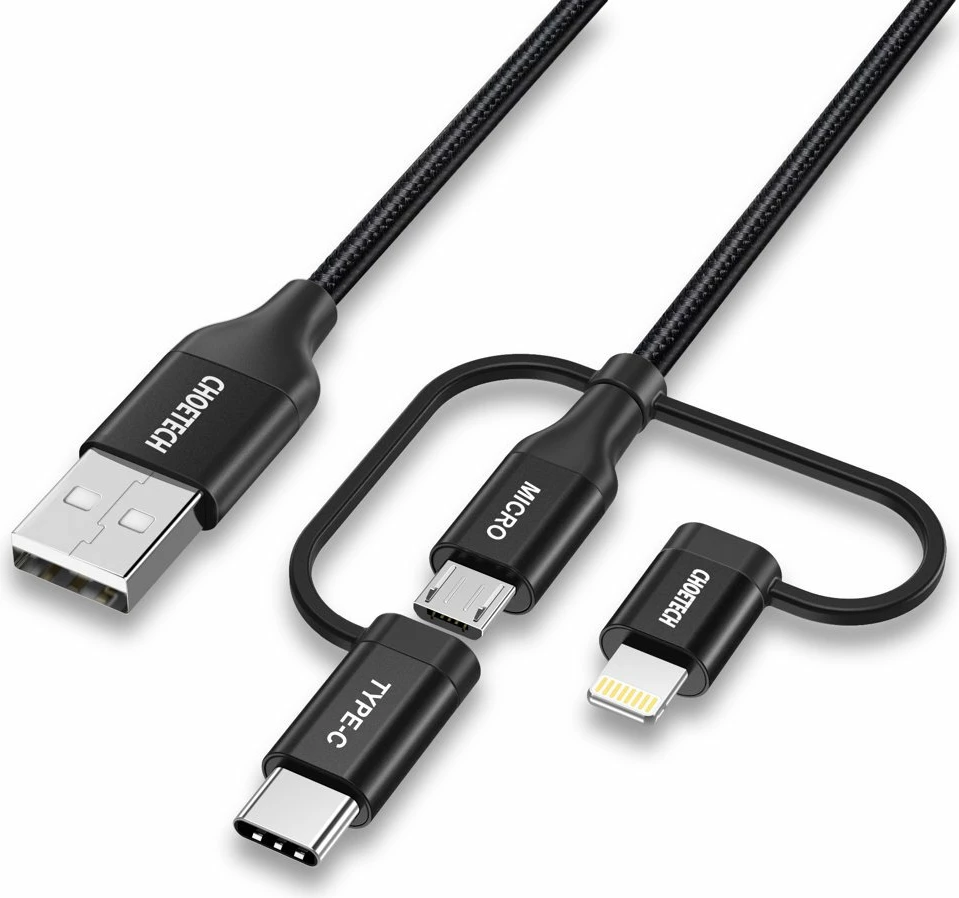 Kabllo 3-në-1 Choetech IP0030-BK, USB në USB Type C / micro USB / Lightning, 1.2m, e zezë
