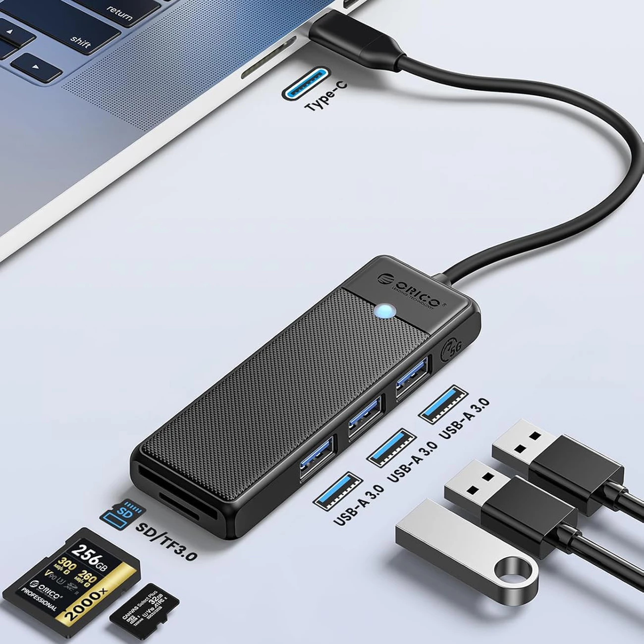 Hub USB Orico PAPW3AT-C3, 3x USB-A 3.0 + lexues SD/microSD, USB-C, kabllo 0.15 m, i zi