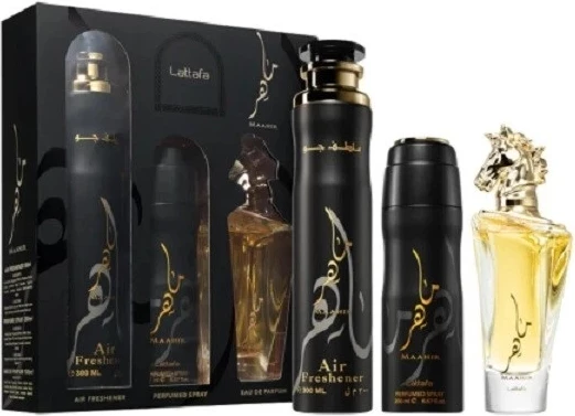 Set Eau de Parfum + deodorant + freskues ajri Lattafa Maahir unisex 100ml+200ml+300ml