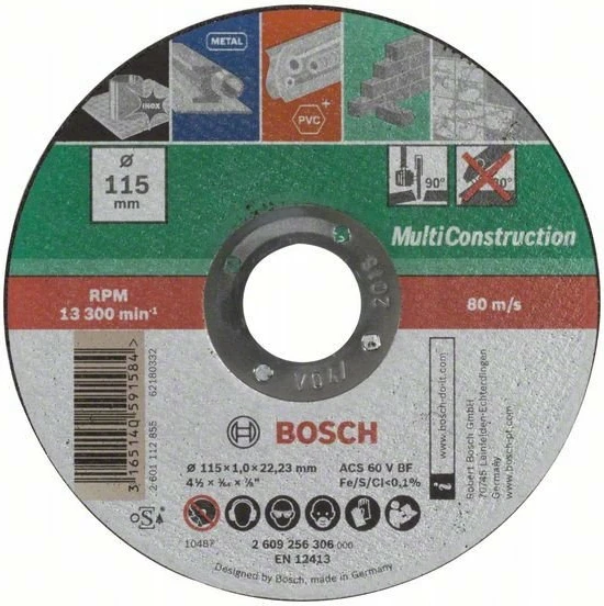Disk prerës Bosch Multi Construction 2609256306 115mm x 22.23mm x 1.0mm, i drejtë, 1 copë