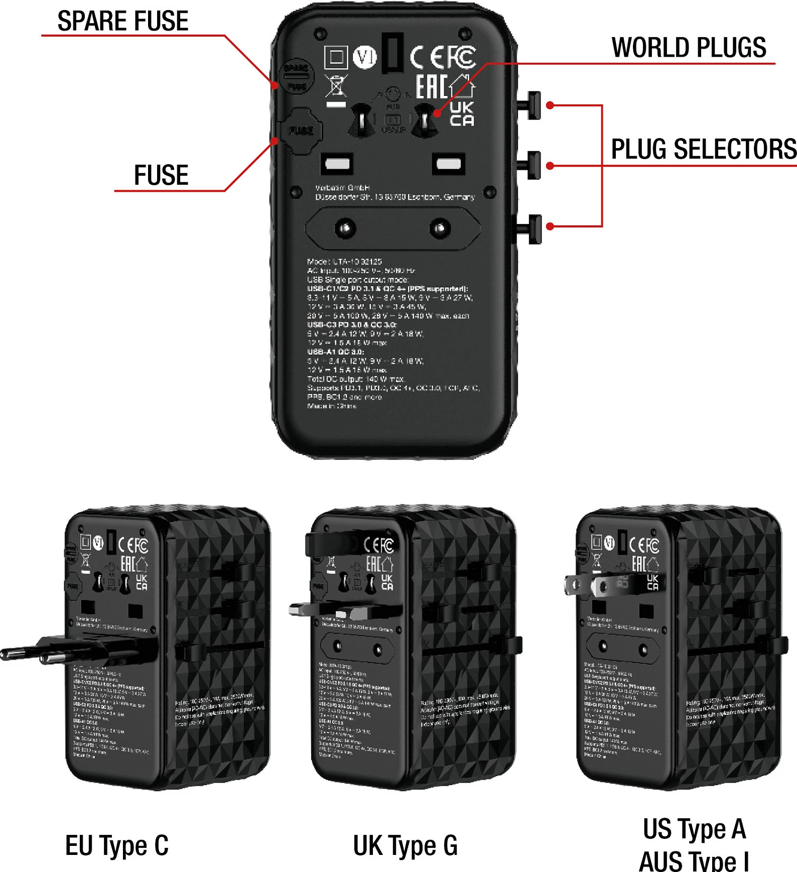 Adapter udhëtimi universal Verbatim UTA-10 GaN III, 140W, 3x USB-C PD, 1x USB-A, i zi