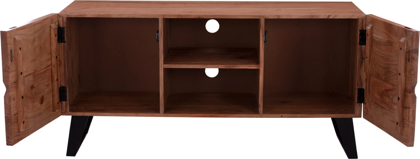 Komodë TV Alicia, dru akacie masiv, ngjyrë natyrale, këmbë metalike të zeza, 130x43x66 cm