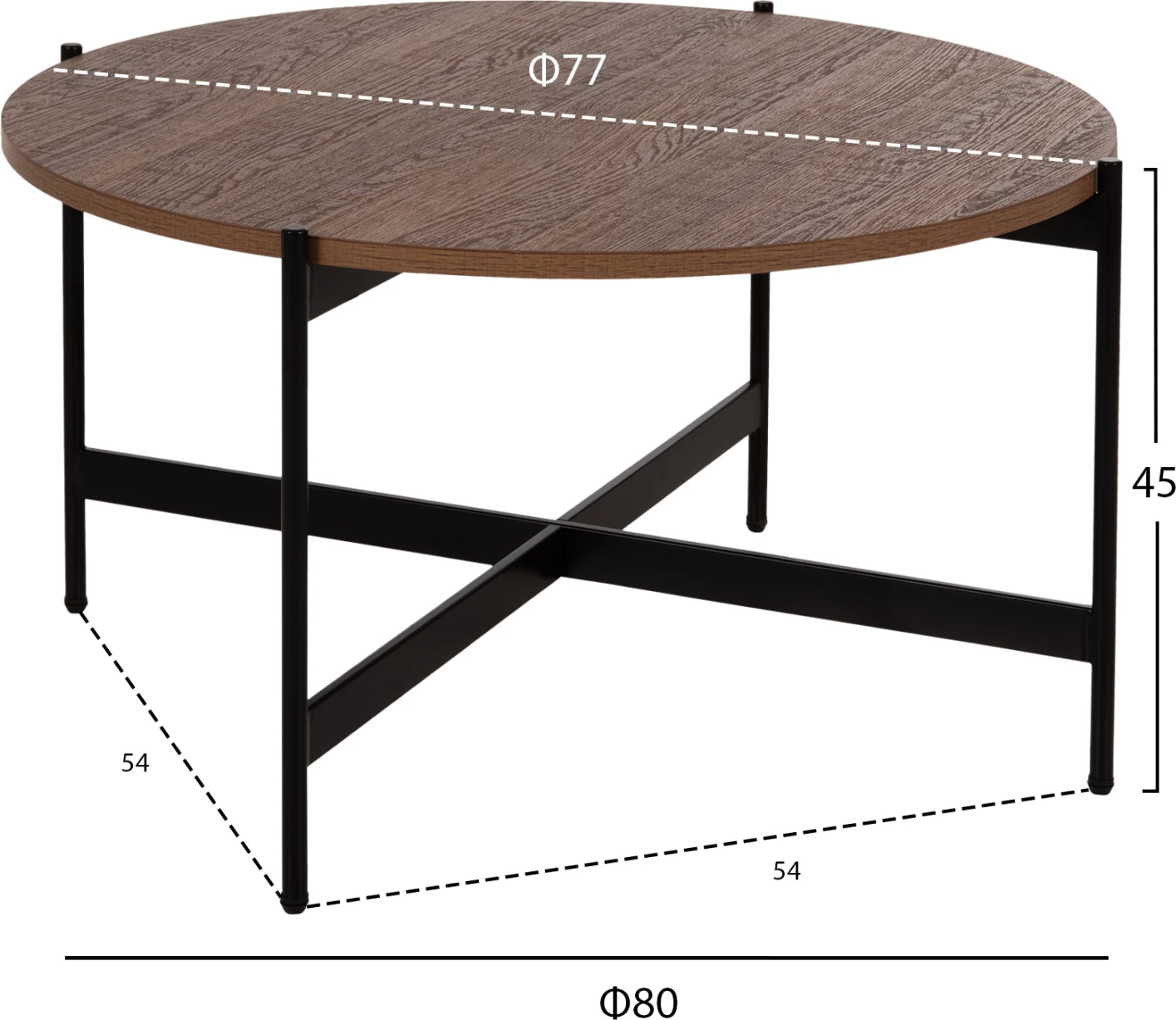 Tavolinë kafeje FH9588.04 MDF ngjyrë arre, bazë metalike e zezë Φ80x45H cm