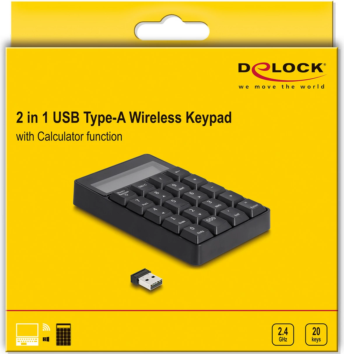 Tastierë numerike wireless DeLOCK 12113, 20 taste, me kalkulator, USB nano receiver, e zezë