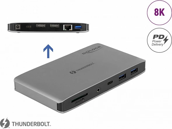 Stacion dokimi DeLOCK Thunderbolt 3 8K, 2x DisplayPort, USB, LAN Gigabit, SD/MicroSD, PD 60W, gri