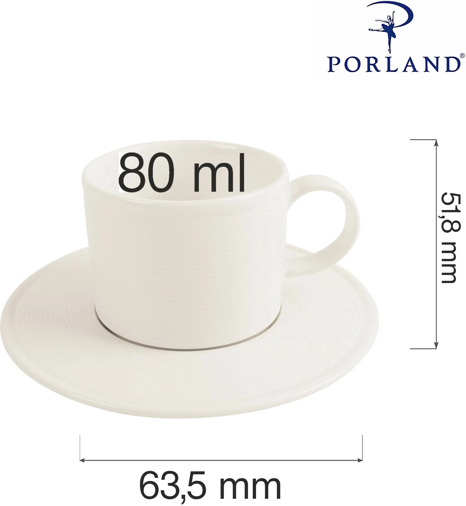 Filxhan i stivueshëm Porland Line 80 ml porcelan, krem, set 6 copë