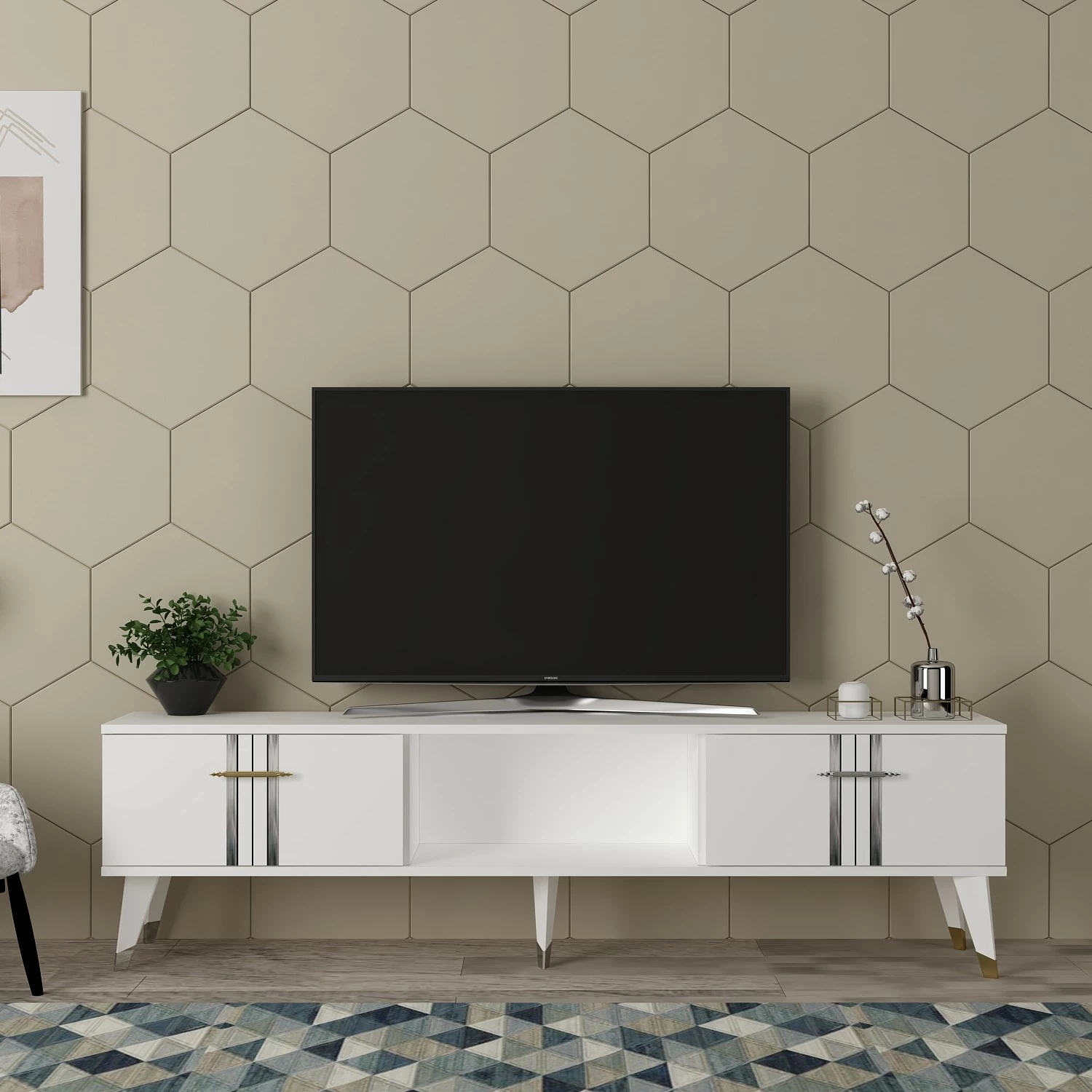 Komodë për TV Skye Decor, e bardhë, argjend