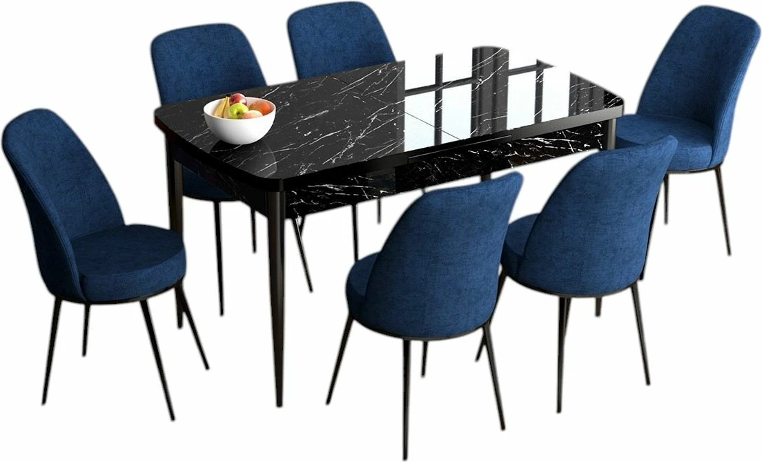 Tavolinë me karrige, zgjatshme, 7 copë, ngjyrë mermeri të zi dhe blu e errët, Skye Decor, Han