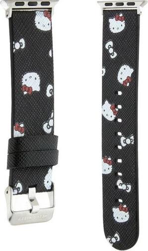 Rrip për Apple Watch Hello Kitty Heads & Bows Pattern, lëkurë ekologjike, i zi, 38/40/41mm