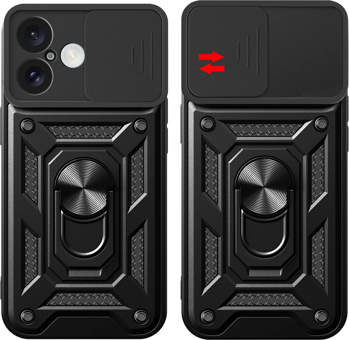 Mbështjellës Hurtel Hybrid Armor Camshield për iPhone 16 Plus, me kapak kamere dhe stand, i zi