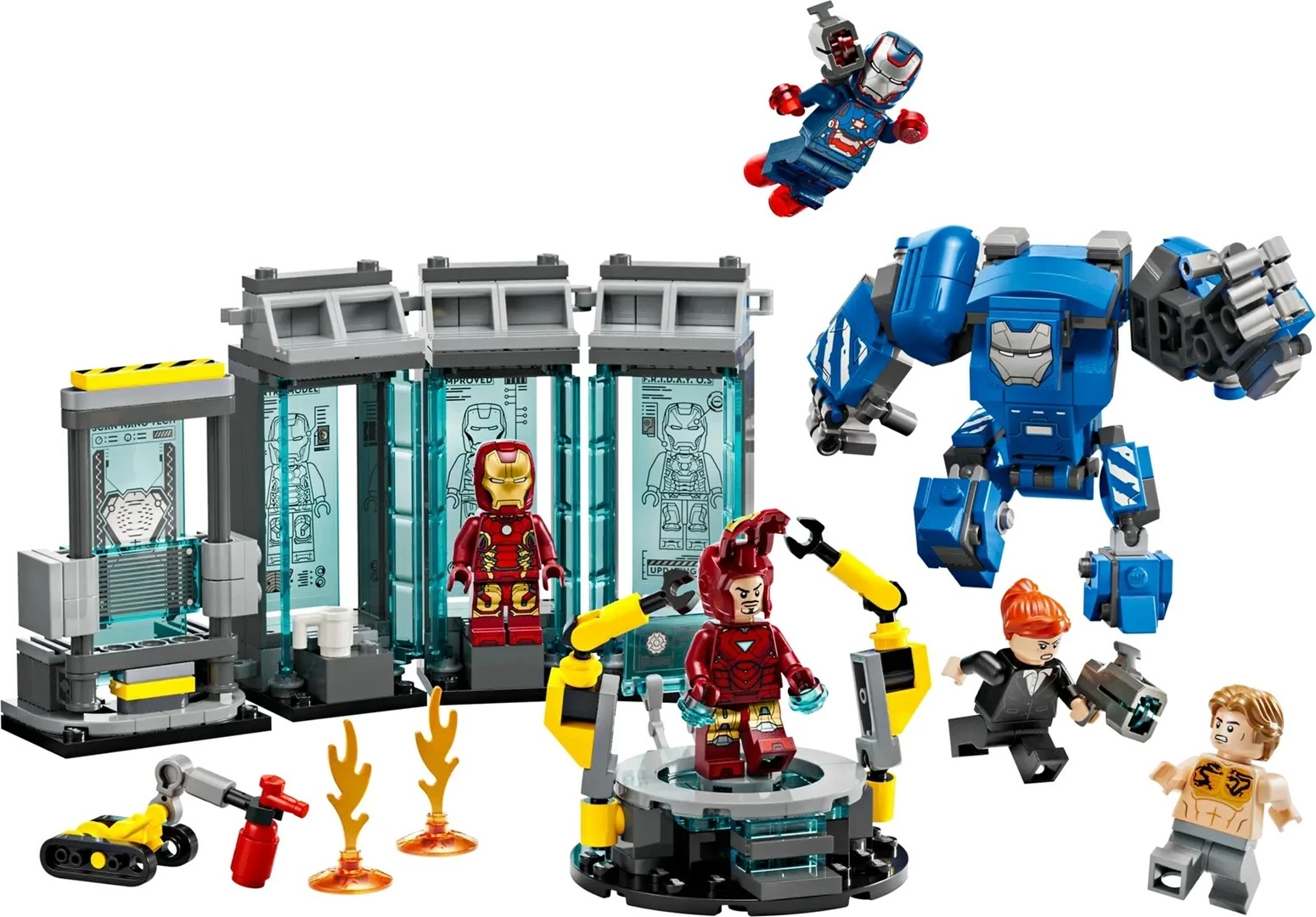 Set lodrash LEGO Marvel 76315 Iron Man’s Laboratory: Hall of Armor, 5 minifigura
