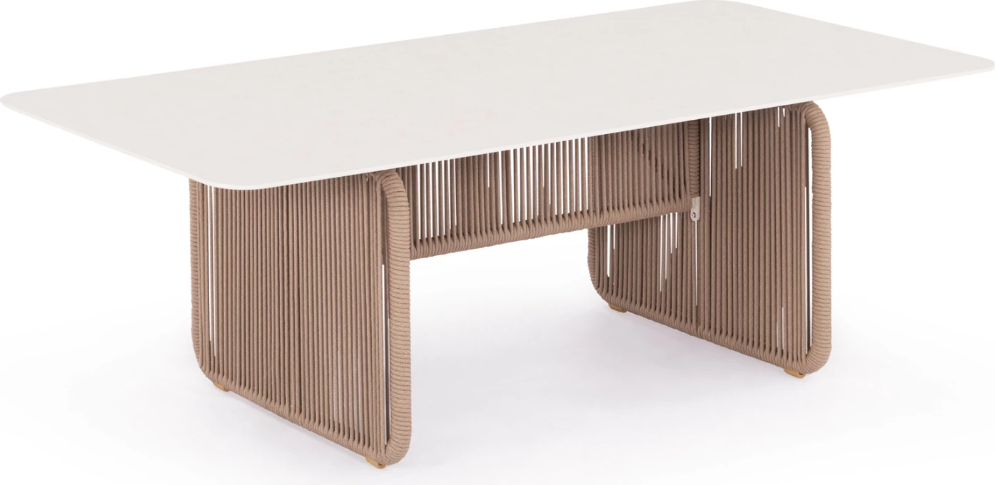 Tavolinë ngrënieje për jashtë, serisë ETHEREAL, sipërfaqe prej guri të sinterizuar ngjyrë fildishi, litar P.E. bezhë, 240x100x73.5cm