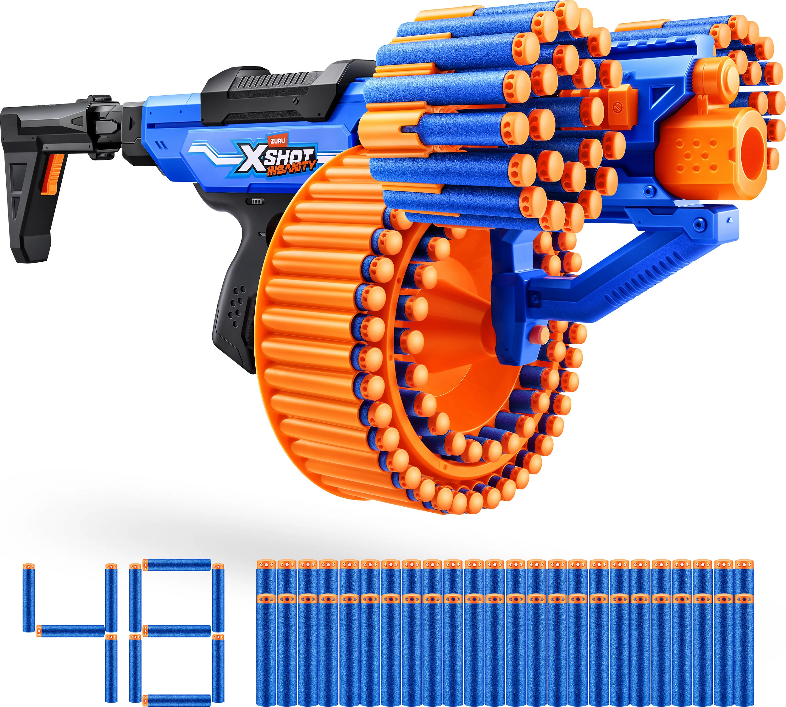 Lançues shigjetash me shkumë ZURU X-Shot Insanity Blitz Hammer, 48 shigjeta, blu/portokalli