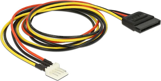 Kabllo furnizimi DeLOCK 0.6m, SATA 15-pin në 4-pin PWM, AWG20, zezë/kuqe/verdhë