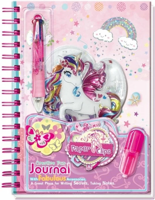 Fletore spirale Pecoware Unicorn 533UP 21.5 x 15.5 cm, set me stilolaps 4-ngjyrësh + ngjitëse 3D + kapëse letrash + marker, rozë