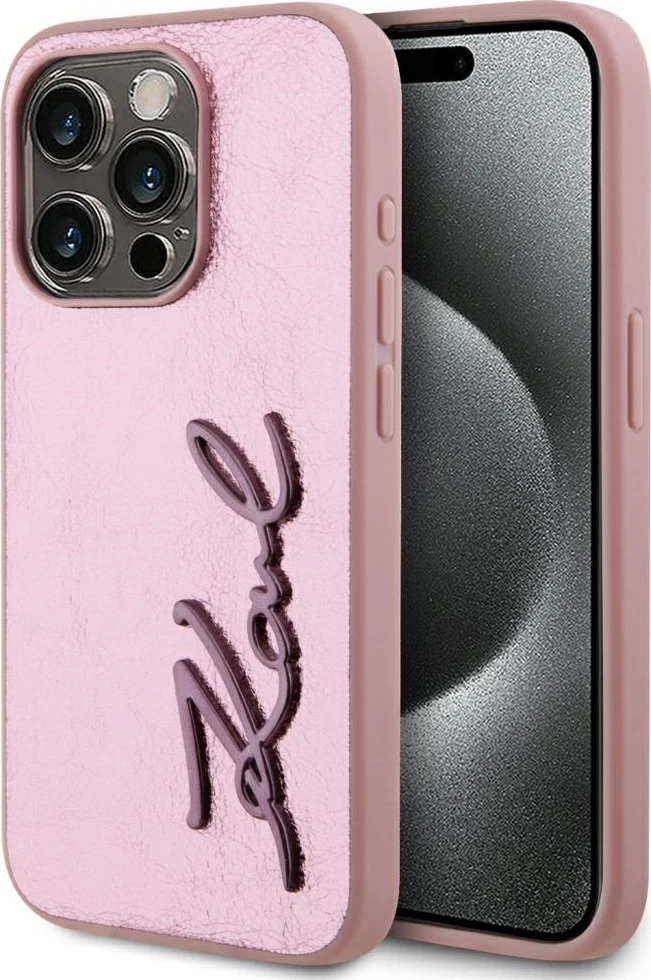 Mbështjellës Karl Lagerfeld Wrinkled Metal Signature për iPhone 15 Pro, Rozë