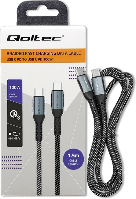 Kabllo USB Type-C Qoltec 52358, 1.5m, 100W, QC 3.0, e zezë