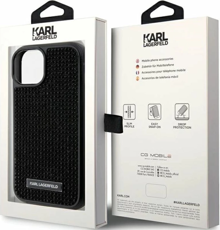 Mbrojtëse telefoni Karl Lagerfeld Rhinestone Logo Metal Plate për iPhone 15, e zezë
