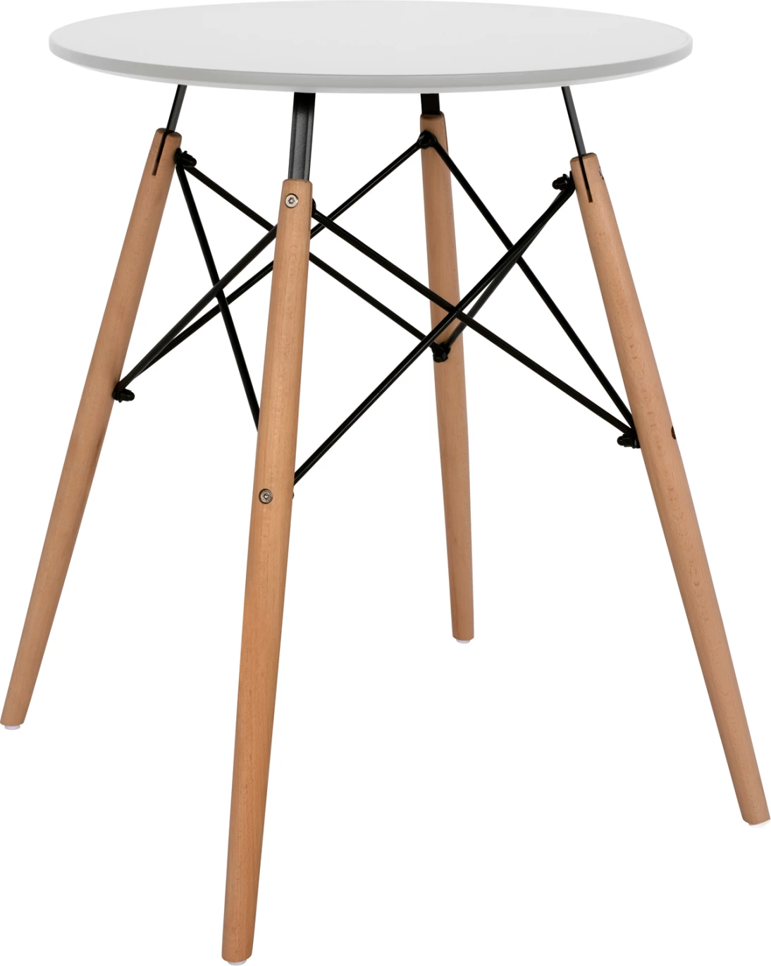 Tavolinë ngrënieje e rrumbullakët minimaliste, FH0060.01, MDF ngjyrë e bardhë, këmbë druri ahu ngjyrë natyrale, Φ60x72H cm