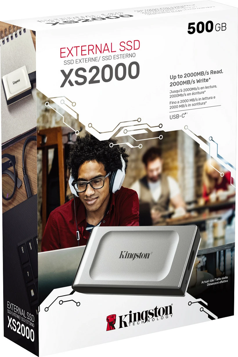 SSD portabël Kingston XS2000, 500 GB, USB Type-C, 3.2 Gen 2, 2000 MB/s, E zezë, Argjendtë