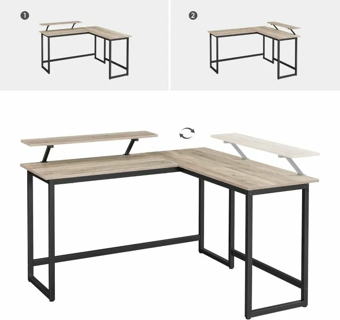 Tavolinë kompjuteri L-formë VASAGLE LWD056B02 149x149x75 cm me raft monitori, greige/zezë