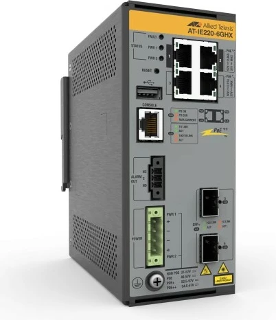 Switch industrial Allied Telesis AT-IE220-6GHX-80, 6 porta Gigabit, PoE, menaxhim, montim në mur