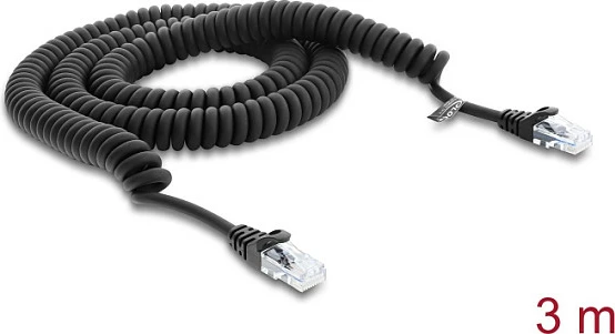 Kabllo spirale DeLOCK RJ-50 mashkull në mashkull, Cat5e, 3 m, e zezë