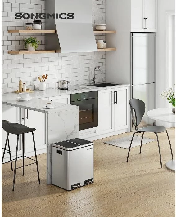 Kosh riciklimi SONGMICS LTB30H 2x15 L me pedal, soft-close, çelik, argjend/zi, 1 copë