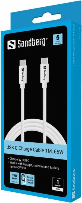 kabllo karikimi USB-C Sandberg 136-52, 1 m, PD 65 W, USB 3.1 Gen 1, e bardhë
