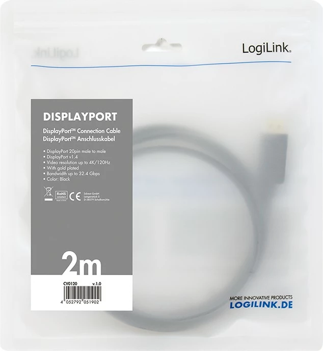 Kabllo DisplayPort LogiLink CV0120, 2 m, e zezë