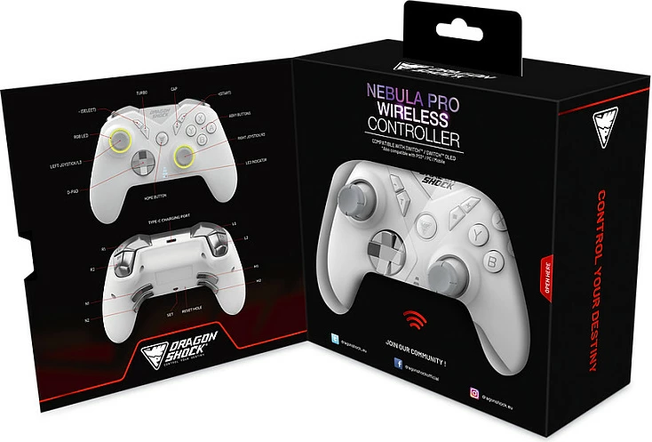 Gamepad DragonShock Nebula Pro për Nintendo Switch, wireless Bluetooth, LED RGB, i bardhë