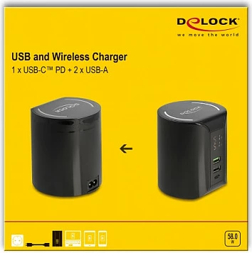 Karikues DeLOCK USB-C PD + 2x USB-A, 58W, karikim pa kabllo 10W, i zi