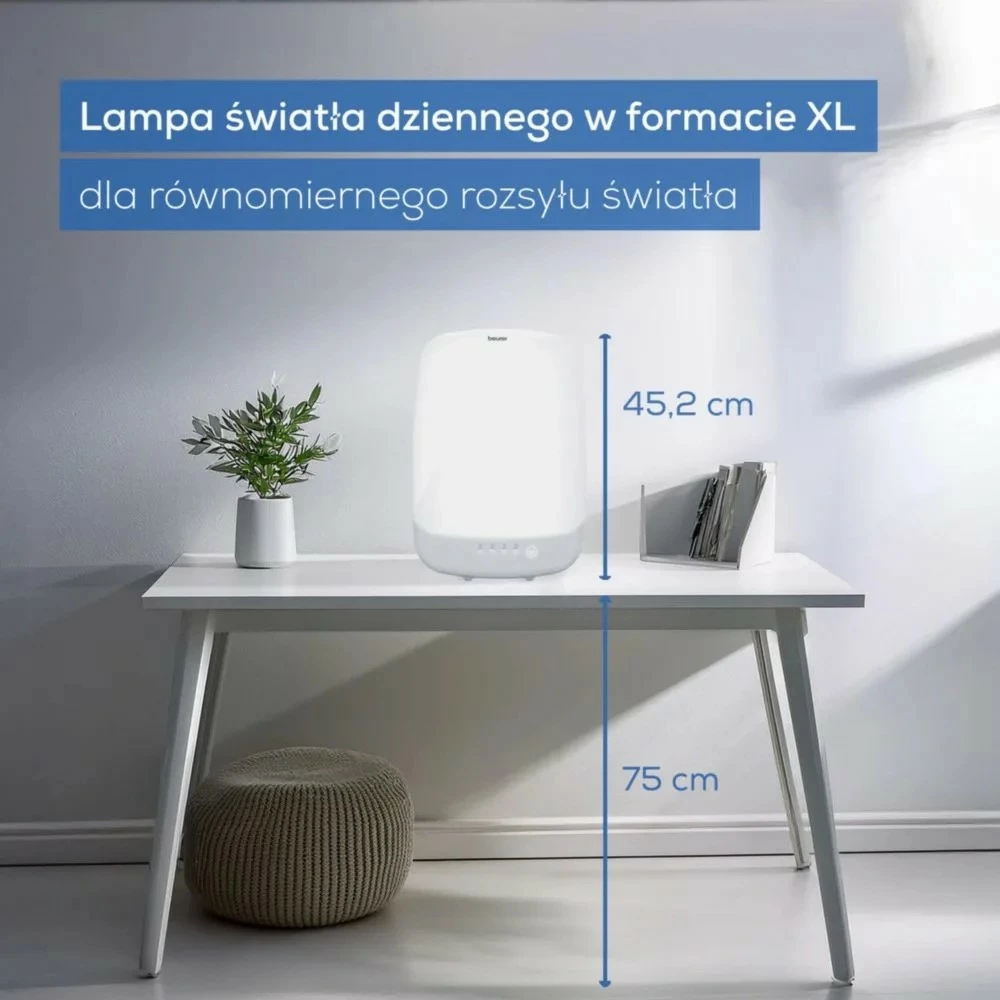 Lampë dite terapike, Beurer, TL85, LED 10000 lux në 20 cm, sipërfaqe 30x37 cm, timer 30/120 min, me bazë të heqshme, argjendtë/bardhë