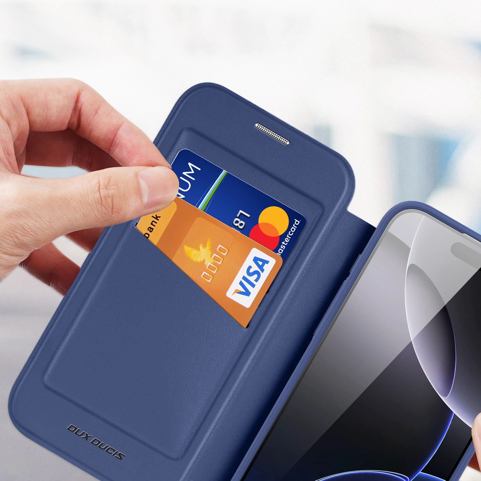 Mbështjellës, Dux Ducis, Skin X Pro iPhone 17 Pro, me portofol, kompatibil MagSafe, me bllokim RFID, blu