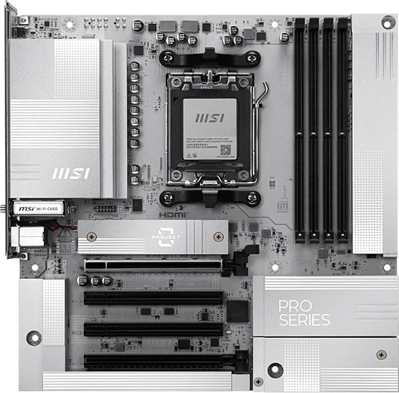 Pllakë amë MSI PRO B850M-A WIFI PZ, Socket AM5, mATX, DDR5 deri 256GB, Wi‑Fi 7, 5GbE LAN, argjendtë/bardhë