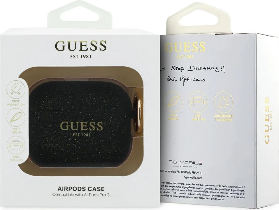 Mbështjellës silikoni Guess Silicone Glitter Ring për Apple AirPods Pro 3, me glitter dhe karabinier, i zi